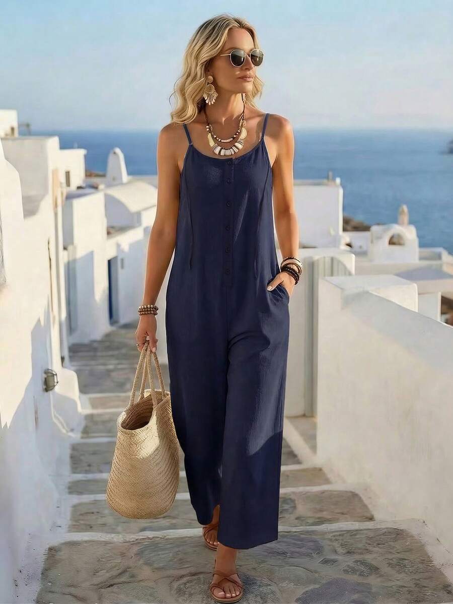 Parysyn 大码女装春夏正式奢华度假沙滩休闲优雅外出派对婚礼宾客节日藏蓝色吊带V领纽扣前袋阔腿宽松连体裤波西米亚风连体裤女款藏蓝色连体裤女夏季连体裤女款阔腿连体裤 - 藏蓝色 - 查看 1