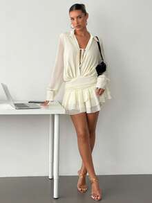 Siren Gaze Women Shirt Collar Tie Front Ruched Waist Layered Ruffle Hem Mini Dress, Elegant Ladies Dress, Wedding Guest Dress, Multi-Layer Ruffle Hem Design, Graceful Ladies Apparel,  Ruffle Mini Dress For Casual Brunch White Ruffle Dress White Mesh Dress Off White Dresses For Women White Long Sleeve Dress - Apricot - View 3