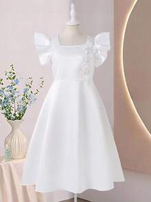 SHEIN Tween Girls Purple 3D Floral Long Dress, Elegant & Graceful, Minimalist Fashion, & Luxurious, Suitable For Outings, Gatherings, Travel, Holidays, Birthday Parties - White - View 3