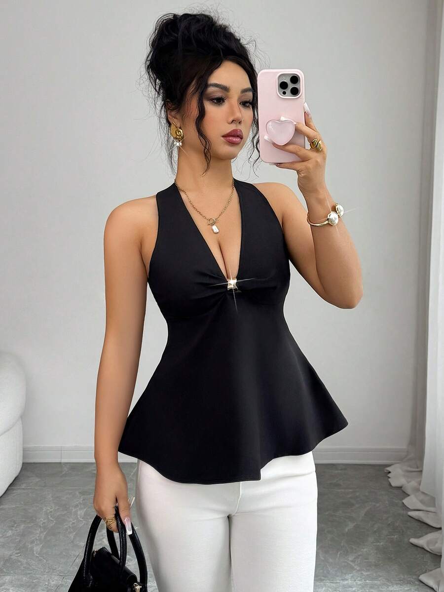 Rafferiza Women's Sexy Elegant Outdoor Wear, Black Deep V-Neck Metal Buckle Decor Vest, Spring/Summer - Black - View 1