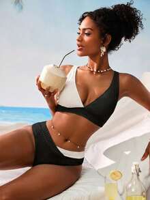 Swim Vcay Women's V-Neck Textured Striped Tankini Swimwear Set - Black and White - View 5