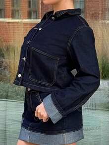 Bethéva Bộ đồ denim xanh đậm cho nữ, áo khoác denim dài tay và chân váy gấp gấu, 25 trang phục công sở thường ngày phong cách Hàn Quốc mới cho mùa thu đông dành cho nữ, áo khoác mùa thu 2 món denim dành cho nữ - Rửa tối - Xem 3