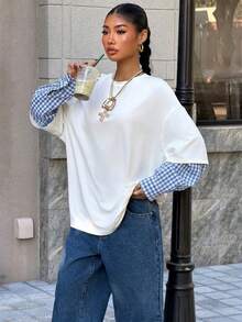 Muchica Contrast Color Streetwear Style Knit Women T-Shirt - Multicolor - View 3