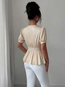 EMERY ROSE Elegant Romantic Ruffle Hem Tie Neck Fitted Women Blouse - Apricot - View 2