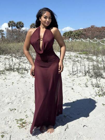 Alexandranx Trang phục ngày lễ cho phụ nữ - Váy hở lưng màu tím đậm trơn cổ khoét sâu, trang phục đi biển hở lưng thanh lịch dành cho quý cô