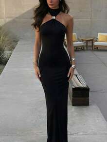 Firerie 女士优雅简约精致正式连衣裙，配金属装饰领带，适合假日、婚礼、派对、约会、生日、度假等场合。 - 黑色 - 查看 4