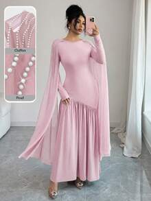 Modelyn Elegant Oval Collar Beaded Long Sleeve Coffee Color Dress For Women, Winter - Pink - View 4