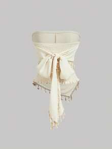 SHEIN MOD 女士抹胸上衣，带流苏系带下摆 - 杏色 - 查看 7