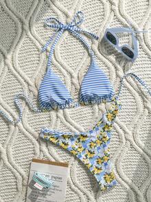 Swim Mod Women's 2pcs Lemon Random Print V-Neck Halter Tie Bikini Set Set, Summer Casual - Multicolor - View 3