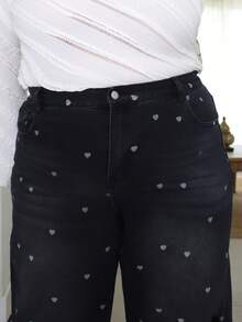 Pretty and Ole 心形印花花卉宽松直筒做旧水洗长款牛仔裤，四季皆宜 - 黑色 - 查看 3