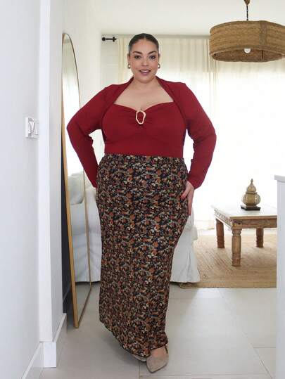 Pretty and Ole 2025 秋冬新款休闲外出日常穿着派对约会节日多场合百搭松紧腰大地色碎花高弹力网眼印花大码半身裙