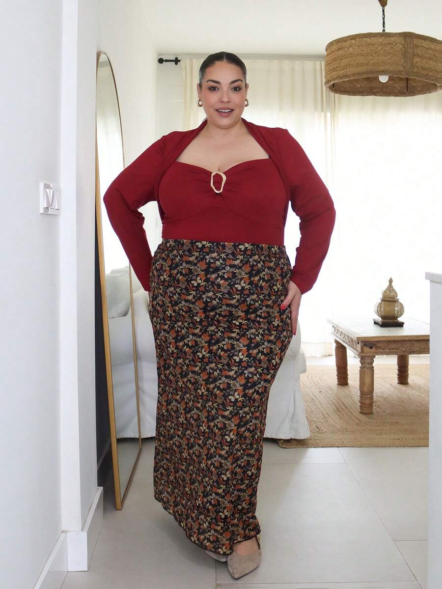 Pretty and Ole Váy suông họa tiết lưới co giãn cao màu đất họa tiết hoa nhỏ xinh xắn thời trang thu đông 2025 mới dành cho dịp tiệc tùng, hẹn hò, ngày lễ, đa năng, cạp chun, cỡ lớn