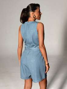 SHEIN V-Neck, Sleeveless Light Blue, Washed Denim Short Jumpsuit With Belted, Denim Overalls - Light Wash - View 2