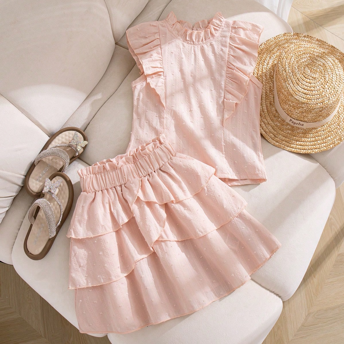 Set de 2 piezas para niñas pequeñas: Blusa sin mangas con cuello floral y manga acampanada + Falda con volantes y dobladillo de tela de lino blanco
