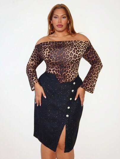 MelDlgn 大码女式优雅粗花呢斜襟金属纽扣缀饰半身裙，秋冬