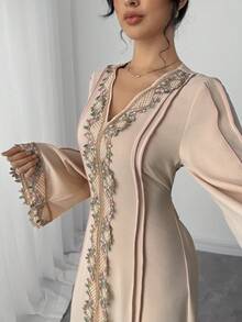 Rafferiza Women's Loose V-Neck Ruffle Long Sleeve Robe, Turkish Abaya, Arabic Kaftan - Blush Crush - View 6