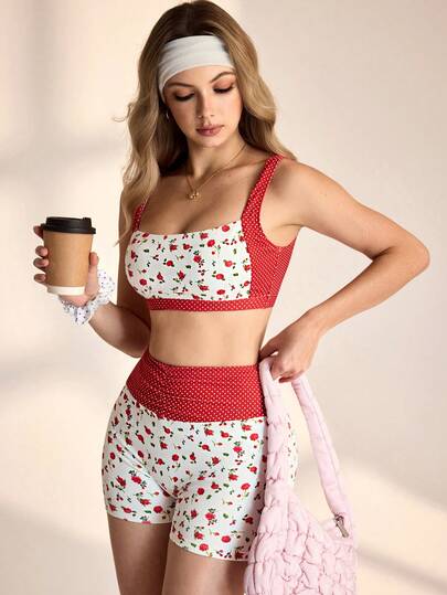 Medorelle Bộ đồ thể thao nữ 2 mảnh in hoa và chấm bi dễ thương, ngọt ngào, kiểu áo ba lỗ và quần short, thích hợp cho yoga, áo tắm nữ 2 mảnh, đồ bơi hai mảnh, áo tắm định hình vòng eo, trang phục đi du thuyền cho nữ, trang phục mùa hè cho nữ 2 mảnh, bộ đồ hai mảnh mùa hè cho nữ, trang phục thường ngày cho nữ đi nghỉ mát.