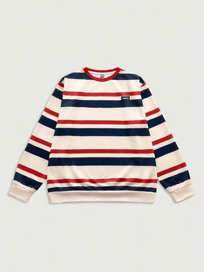 Courvante Multicolor Striped Round Neck Pullover Sweatshirt For Men, Knitted Fabric Long Sleeve Casual Preppy Style Patched Design Regular Fit Sweatshirt, Fall