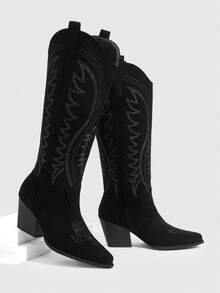 Daringsoles Giày nữ kiểu phương Tây, kiểu mới, xỏ chân, màu trơn, mũi nhọn, gót dày và đế mỏng, chống trơn trượt và thoải mái, đa năng, bốt cao cổ, bốt ống rộng, bốt thời trang, bốt phổ biến, bốt cao đến đầu gối, thích hợp cho các lễ hội âm nhạc và Halloween. - màu đen - Xem 2