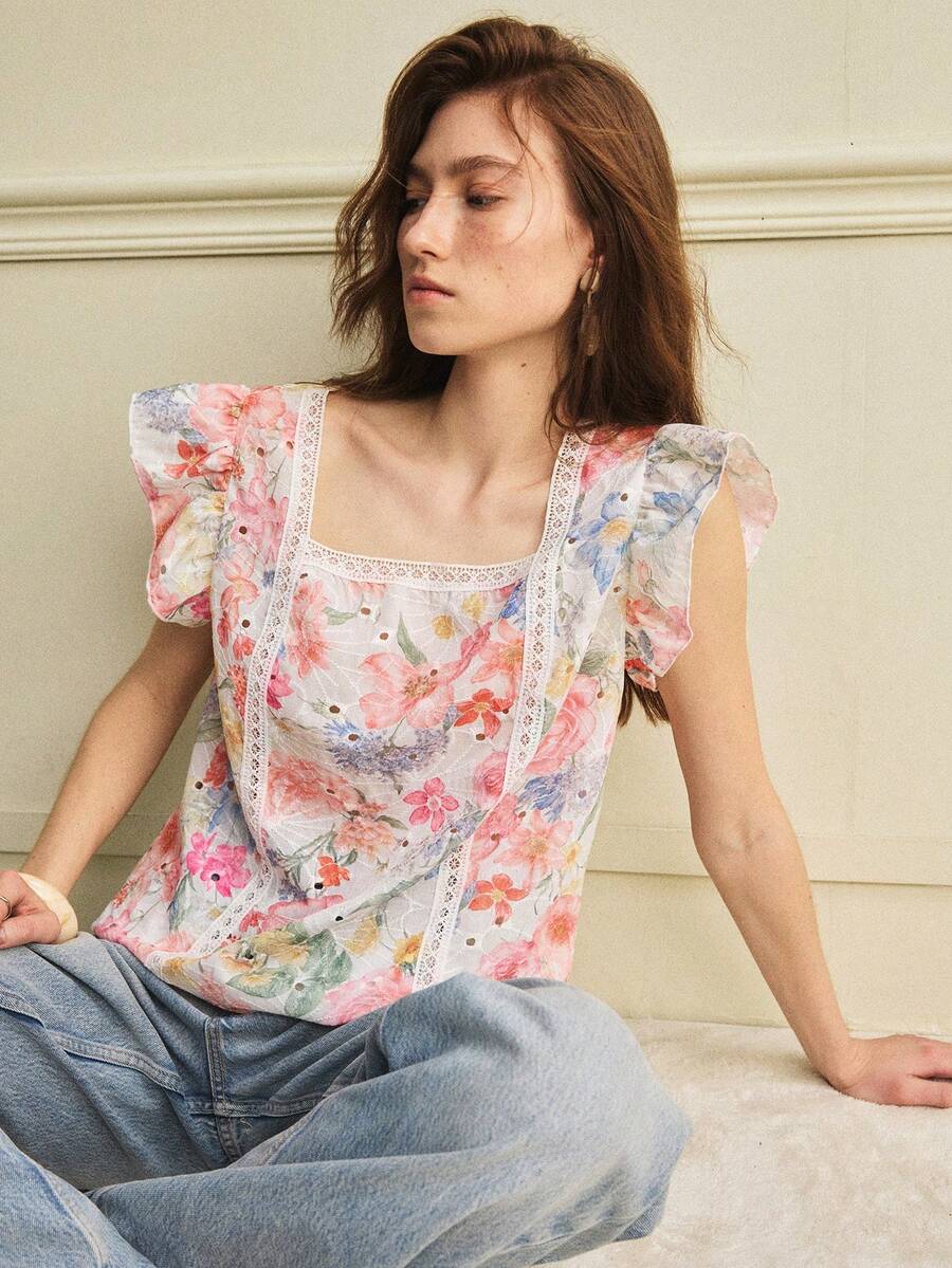 Écloséra Women's Spring/Summer Cap Sleeve Jacquard Hollow-Out Jacquard Shirt With Ruffle Trim - Multicolor - View 1