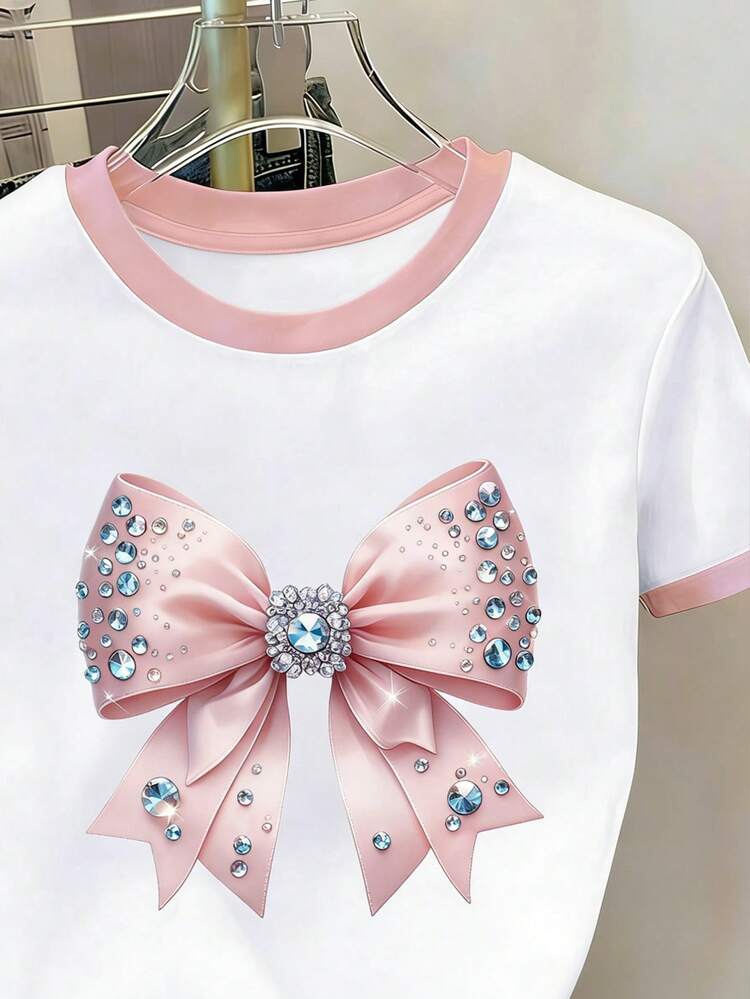 Resyla Hot-Selling New Style, Sweet Pink Diamond Bow Print, Contrasting Pink Edge Women's Short-Sleeved T-Shirt, Perfect For Going To School, Shopping And Going Out To Get Together With Girlfriends, Gentle And Versatile For Spring And Summer - Multicolor - View 3