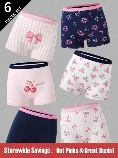 SHEIN Explorewe 6 条装 Tween Girl 可爱蝴蝶、爱心、樱桃印花棉质内裤