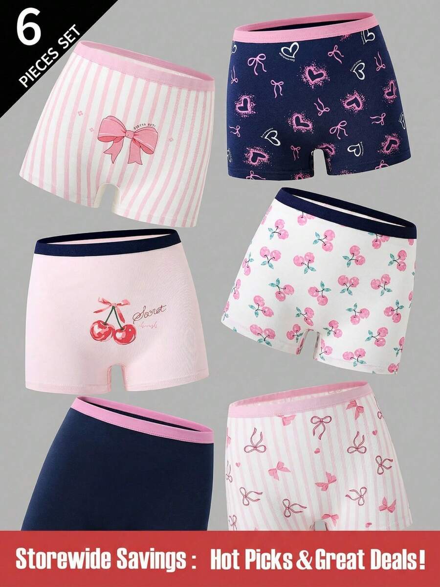 SHEIN Explorewe 6 条装 Tween Girl 可爱蝴蝶、爱心、樱桃印花棉质内裤 - 彩色 - 查看 1