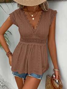 SHEIN Frenchy Áo thun cổ chữ V sâu phối ren, kiểu dáng thường ngày, thích hợp cho kỳ nghỉ hè. - Cà phê nâu - Xem 5