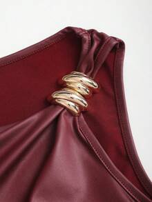 SHEIN PETITE Đầm ngắn ôm sát không tay, màu trơn, trang trí kim loại, xếp ly, dành cho nữ. - Màu Đỏ Sâu - Xem 4
