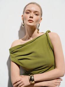 Aveloria Modichic Robe longue élégante et luxueuse pour femmes, avec épaule asymétrique froncée et sexy pour soirée - Vert - Voir 2