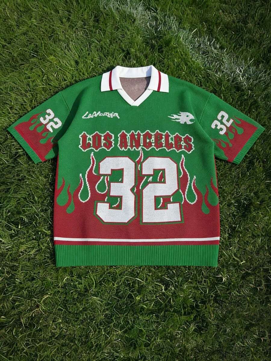 Manfinity EMRG Men's Casual Knit Top With Numeric Flame Pattern Short Sleeve - Multicolor - View 1