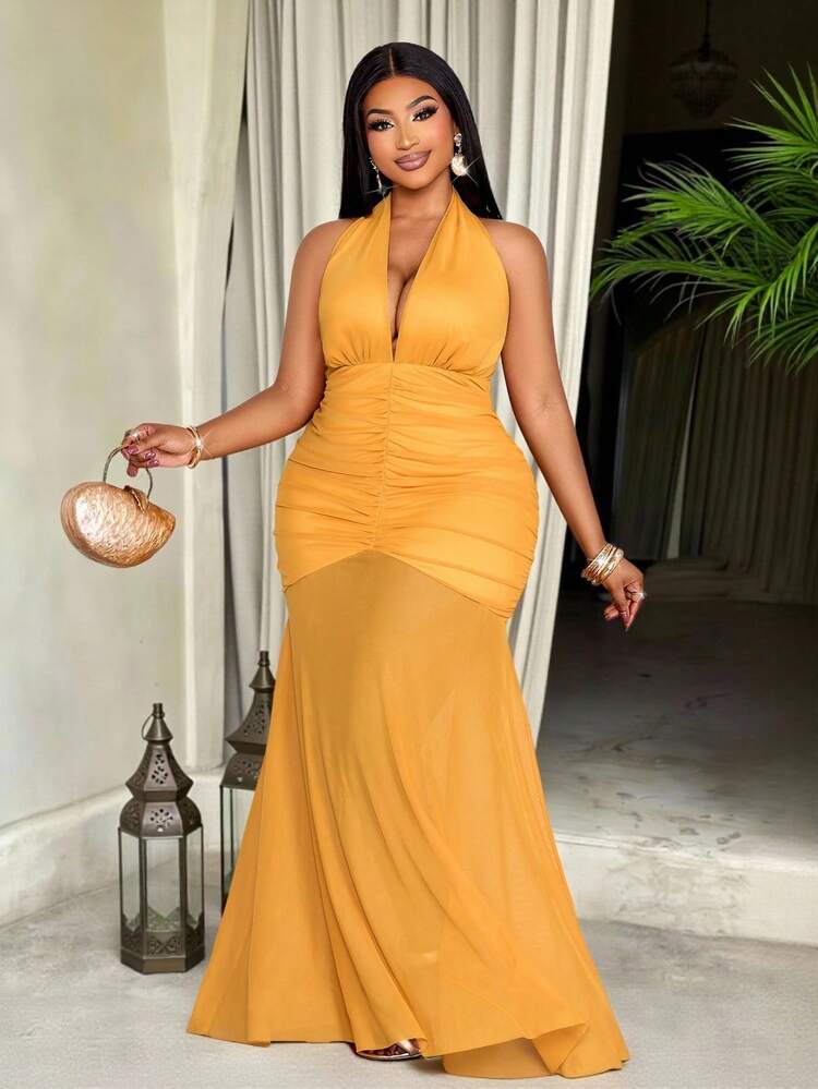 yellow party dress for women Zapaka Women Simple Lemon Yellow Wedding Party Guest Dress with Ruffles A Line Pleated Maxi Bridesmaid Dress, Lemon Yellow / US14