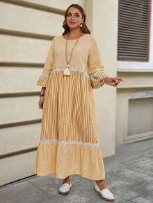 Ropa de invierno talla grande para mujer, conjunto de vacaciones, disfraz de mujer, vestido casual largo suelto con cuello redondo, mangas acampanadas, volantes en el bajo, a rayas - Mostaza Amarilla - Ver 6