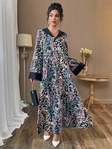 SHEIN Najma Elegant Floral Print Long Sleeve Loose Dress For Women - Black - View 3