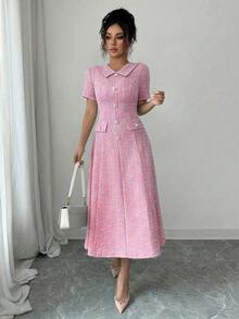 Elenzga Đầm midi nữ chất liệu vải dệt họa tiết, cổ áo, dáng chữ A, thắt eo, trang trí cúc giả ngọc trai kim loại, thiết kế túi thanh lịch, chất lượng cao cấp, thích hợp cho sinh nhật, hẹn hò, tiệc tùng, sự kiện trang trọng, tiệc cocktail, lễ hội âm nhạc, ngày Valentine, lễ hội hóa trang, tay ngắn. - Hồng - Xem 3