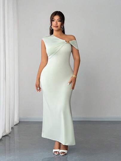 Elenzga 大码女士优雅性感弹力修身不对称肩部褶皱腰身紧身连衣裙