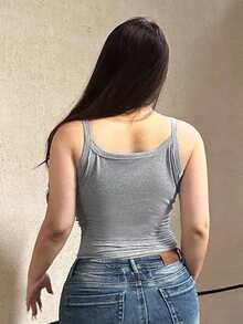 Dazy Plus Solid Color Half-Open Collar Fitted Elastic Cropped Camisole And Tank Top Summer - Grey - View 2