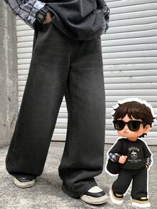SHEIN Little Byeori 青少年男孩時尚休閒 Y2k 復古酷街頭無彈力棕色丹寧寬鬆舒適寬腿牛仔褲 Ailywear 童裝秋冬電音節慶街頭風 - 黑色 - 查看 5