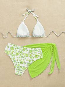 Swim Mod Plus Size Women 3pcs/Set Random Print Spaghetti Strap Bikini Swimwear - Green - View 2