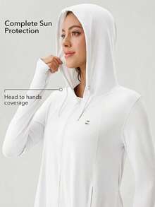 OutZeal Áo khoác nữ chống nắng, thích hợp mặc đi bộ đường dài, mùa hè, thoáng mát, chống tia UV, dài đến hông, có mũ. - trắng - Xem 2