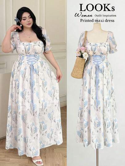 Vibekara Plus Size French Style Vacation Floral Print Tie Waist Dress, Spring/Summer Plus Size Baby Shower Dress Plus Size Strapless Dress Plus Size Maxi Summer Dress Plus Size Corset Dress Plus Long Dress