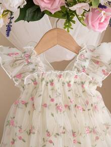 SHEIN Newborn Baby Girl Cute & Elegant Summer Mesh Floral Embroidery Dress - Apricot - View 5