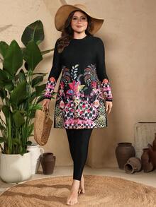 Swim Mulvari Plus Size Women Floral Print Patchwork Long Sleeve Top And Pants Casual Burkini Set - Multicolor - View 6