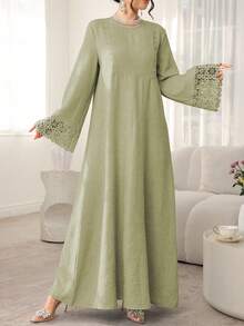 Al Najma Vestido de manga larga suelta con cuello redondo de unicolor, con cinta de empalme, para uso casual de vacaciones - Verde - Ver 5