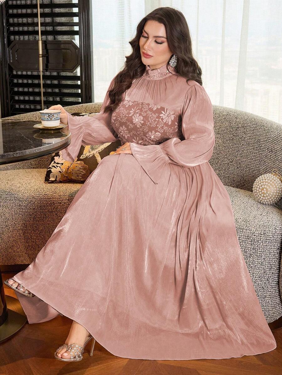 Modelyn Plus Size Women Floral Print Ruched Waist Elegant Dress, Suitable For Party And Gathering - Pink - View 1