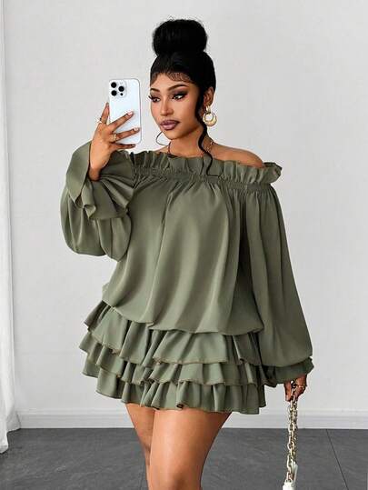 Maweii Plus Size Elegant Solid Color Off-Shoulder Ruffle Hem Dress