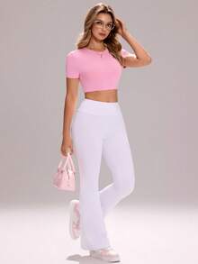 Sovereign Charm Women's Solid Color Cutout Back Cropped Sports Short Sleeve T-Shirt Pink Gym Top Pink Crop Top Light Pink Crop Glowmode Pink Top Tops For Women Summer Cute Active Wear Tops Gym Clothes Women Top Workout Tops Women Women's Tops For Summer - Pink - View 7