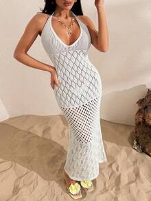 SHEIN Women Crochet Knit Maxi Dress Halter Neck Deep V Hollow Out Beach Cover Up White - White - View 1