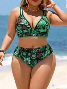 Swim Lushoire Conjunto de bikini con estampado tropical para mujer de talla grande - Verde - Ver 3