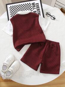 SHEIN 2pcs/Set Young Boys' Embroidered Jacquard Short Sleeve Top And Shorts Set,Comfortable Summer Matching Family Vacation Outfits For Spring & Summer - Red - View 2